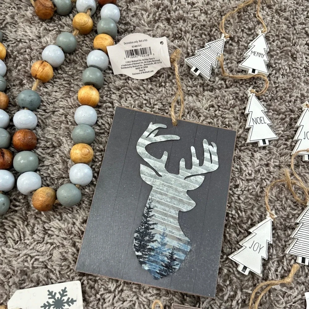 Holiday Time Rustic Farmhouse Christmas Decor Bundle Bead Garland Signs Ornament